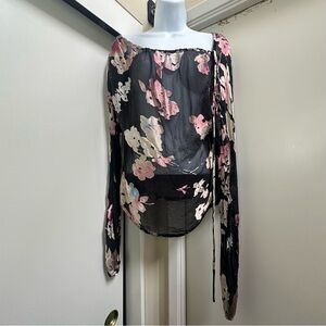 St. John Black and Pink Floral Silk Long Sleeve Blouse